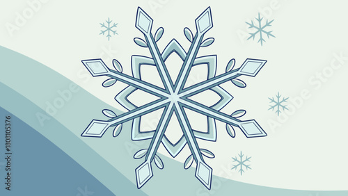 Illustration of a large snowflake with smaller snowflakes and blue wave background design element