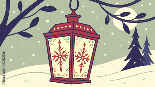 A winter scene featuring a hanging lantern with snowflakes, trees, and falling snow under a bright moon