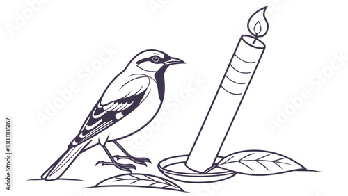 Line drawing of a bird perched near a lit candle with leaves at the base of the candle holder