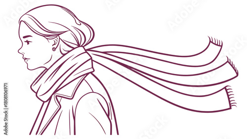 Line art of a woman in a coat with a scarf blowing in the wind in a side profile view drawing