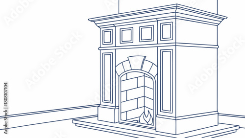 Illustration of a classic fireplace with a brick interior and a small fire burning inside it drawn in blue