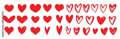 Solid red heart shapes. Variety of stylized love icons. Silhouette heart collection. Graphic elements.