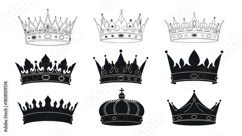 Vector illustration of collection of various crown designs, elegant royal headwear silhouettes and outlines isolated on transparent background 