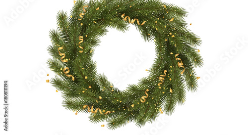 A festive Christmas wreath made of green pine branches decorated with shiny gold confetti, isolated on a white background