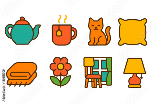 Cozy home flat icon set. Warm interior, leisure, decor icons collection