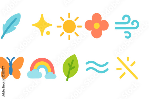 “nature and weather glowing icon set: bright, radiant outline style symbols”