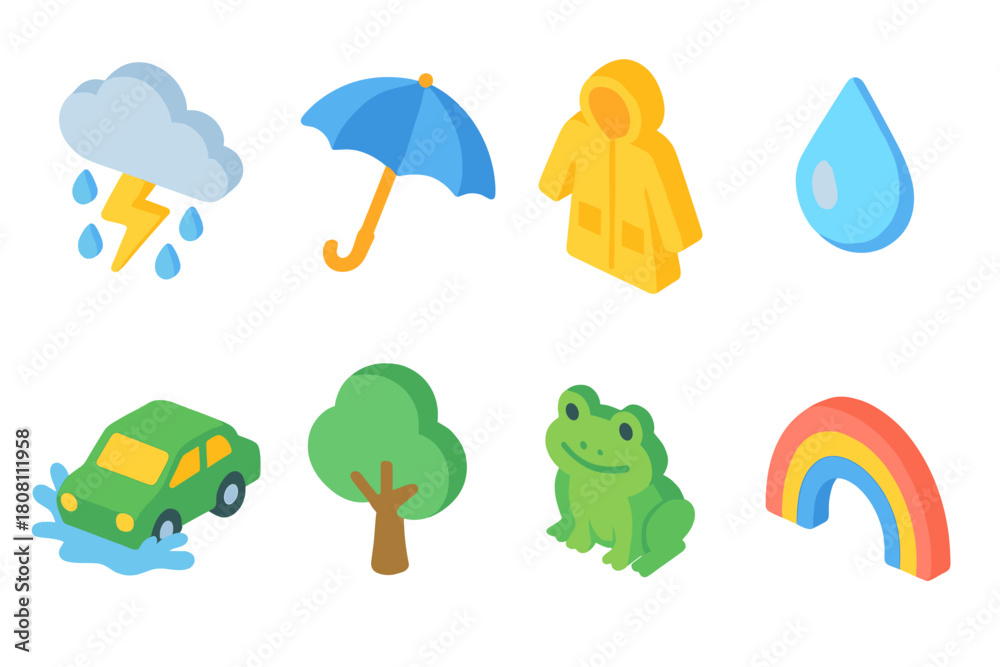Fototapeta premium Weather and nature, 3d icon set. Rain, umbrella, tree, frog, rainbow, water, car