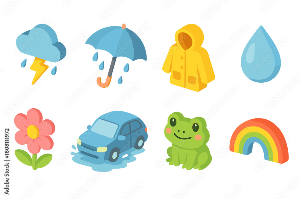 Fototapeta premium Weather and nature 3d icon set featuring rain, umbrella, and rainbow elements