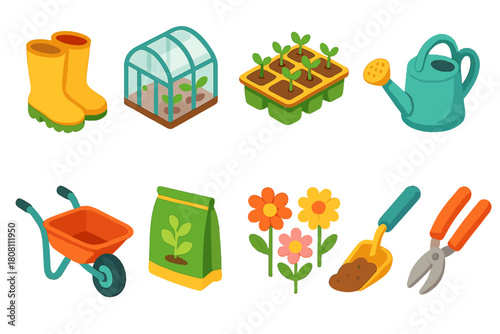 Gardening tools and plants icon set. Vibrant flat gardening illustrations collection