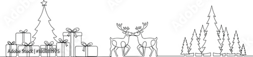 Christmas line art, holiday tree, reindeer silhouette, gift box drawing, pine forest graphic, cad drawing flat vector illustration