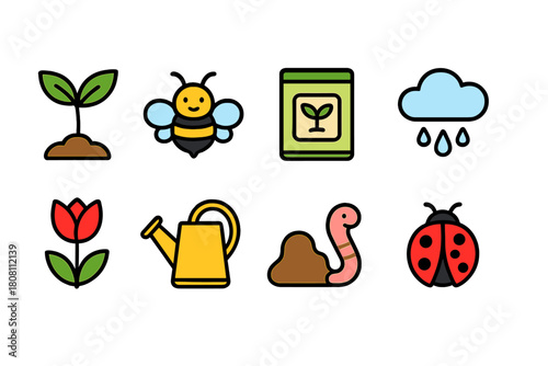 Gardening icon set. Nature, plant care, and garden tools icons in flat style