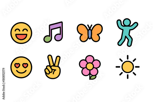Emoji, expression flat icon set. Smiley, emotion, music, butterfly, flower symbols