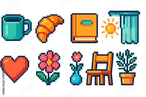 Pixel art, daily life icon set. Flat pixel icons for everyday objects and activities