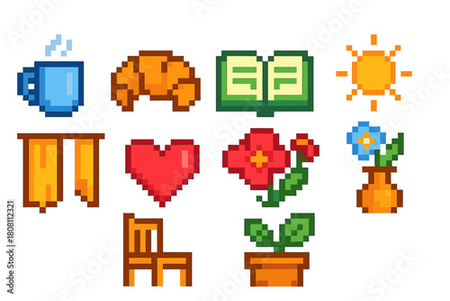 Everyday activities pixel icon set. Daily routine icons in vibrant pixel art style.