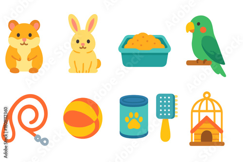 Pet care flat icon set. Hamster, rabbit, parrot, pet toys, and supplies flat icons