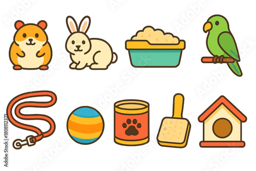 Pet care flat icon set. Animal, pet supplies icons flat collection.