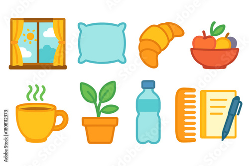 Home essentials icon set: everyday items and concepts in a bright, flat style