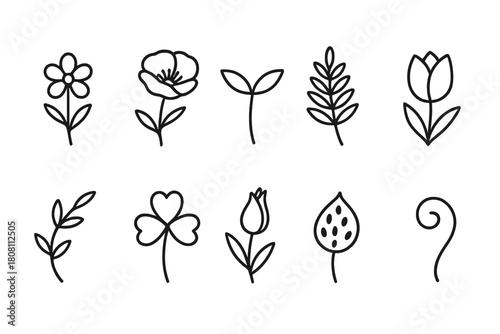 Nature silhouette icon set with floral elements featuring minimalistic plant icons