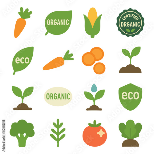 Organic Icons: A collection of vibrant icons celebrating the beauty and benefits of organic food, with carrots, leaves, and various emblems symbolizing natural freshness and eco-consciousness.