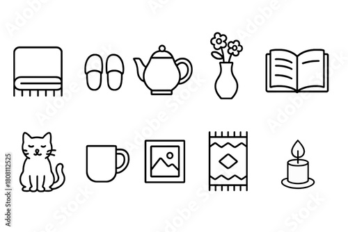 Cozy home outline icon set. Comfort, lifestyle, relaxation symbols for household warmth.