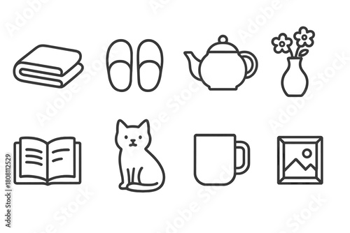 Home and leisure outline icon set. Cozy living essentials in outline style