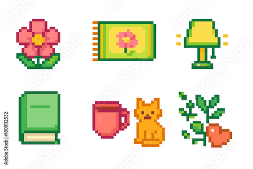 Home and decor icon set: pixel art, retro style for cozy spaces