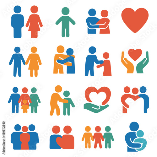 Community Connection Symbols: A collection of diverse and vibrant icons representing human connections, love, family, and support. A visual language conveying unity, caring.