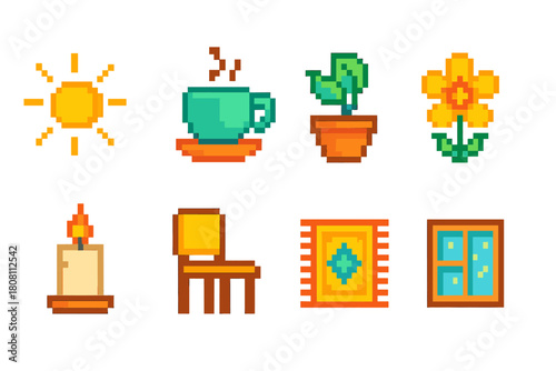 Pixel art iconic set: home and garden essentials in vibrant pixelated style