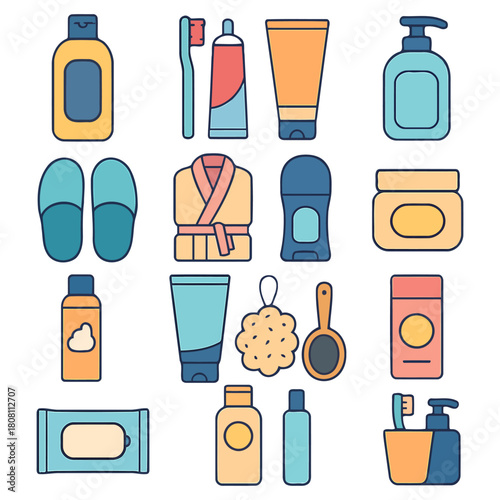 Bathroom Essentials Set: A comprehensive collection of bath and body care items arranged in a neat display. the elements provide a feeling of comfort and well-being.
