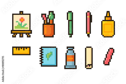 Art supplies icon set. Creative, pixel, outline icons for artists and designers
