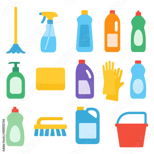 Cleaning Collection: A vibrant array of essential cleaning tools and supplies, artfully arranged to capture the essence of cleanliness and household care.