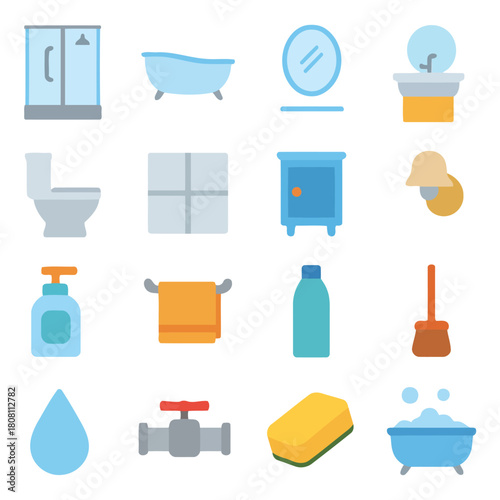 Bathroom Essentials: A comprehensive collection of illustrated bathroom elements, depicting the essentials for hygiene and comfort. Each item is meticulously presented in a flat, illustrative style.