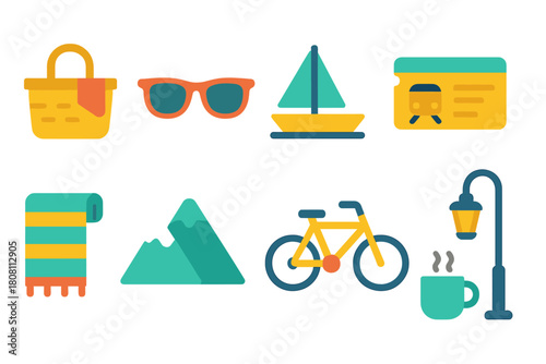 Summer, vacation flat icon set. Beach, holiday essentials icons flat collection