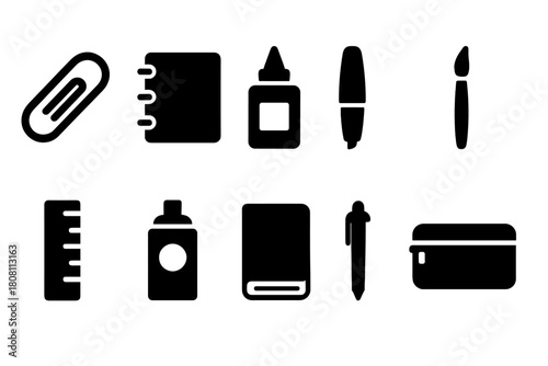 Office supplies silhouette icon set: stationery, tools, and equipment icons collection