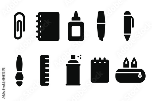 Office supplies silhouette icon set. Essential stationery icons for everyday use