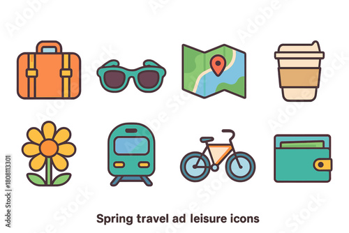 Travel and leisure icon set. Flat design suitcase, sunglasses, map, and more.