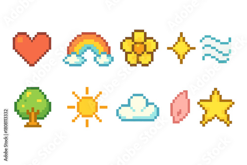 Weather and nature pixel icon set. Retro, pixelated style weather icons collection