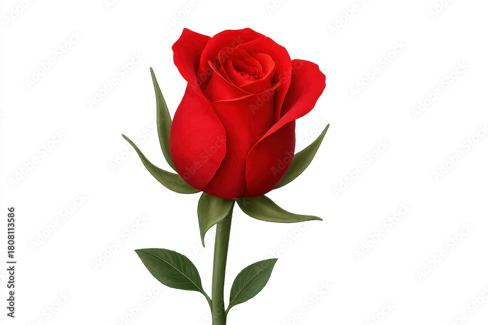 Fototapeta premium Red rose bud with green stem and leaves symbolizing love, romance, and beauty on a transparent background