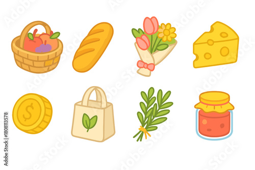 Grocery, food, shopping flat icon set: market, organic, basket, cheese, bread