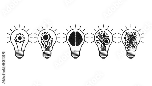 Vector illustration of row of lightbulbs with gears, brain, and circuit board elements symbolizing ideas, innovation, and intelligence isolated on transparent background 