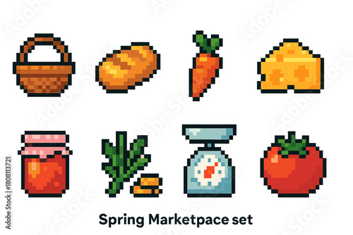 Marketplace pixel icon set. Spring, food, and market items in pixel art style