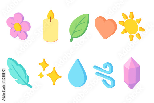 Nature and wellness 3d icon set. Relaxation, mindfulness, healing symbols in 3d style