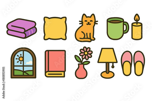 Home comfort line icon set. Cozy, relaxing essentials line icon collection