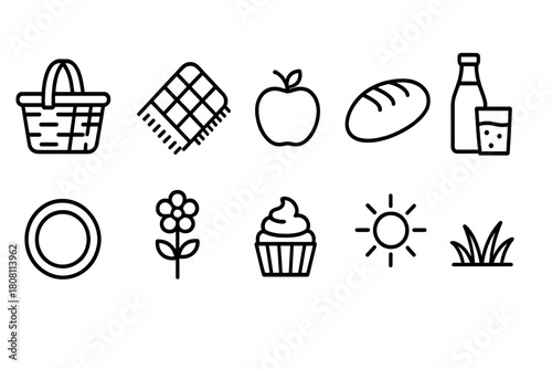 Picnic line icon set: food, outdoor, nature linear collection for summer events