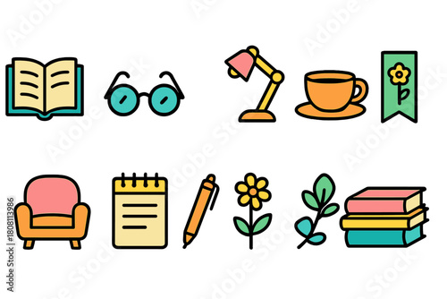 Reading and writing flat icon set. Stationery, books and coffee flat style icons.