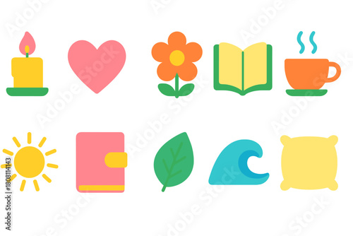 Neon glow icon set: relaxation, leisure, and hobbies in vibrant flat style