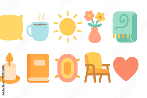 Cozy home vibes icon set in flat style. Warm, relaxing, comforting icons collection