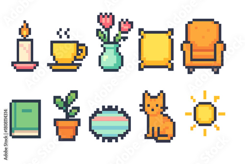 Pixel art home and leisure icon set. Cozy, relaxing, vibrant pixels in outline style.
