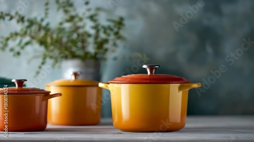 Colorful enamel cast iron cooking pots kitchenware arrangement culinary equipment food preparation cookware utensils