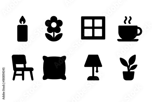 Home decor solid icon set. Stylish, minimalist icons for interior, furniture, and more